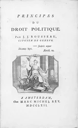 Frontispicio de "Principios del Derecho Político" de Jean Jacques Rousseau, con viñeta alegórica de la Libertad, grabado por Borly, publicado en 1762