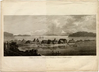 Vista de la ciudad y el puerto de Petropavlovsk-Kamchatsky del viaje al Océano Pacífico, 1785