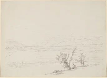 Un Paisaje Alpino con una Pareja Sentada junto a Árboles con Vista a un Valle