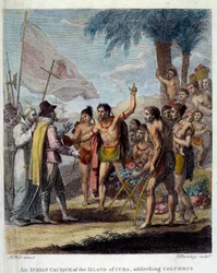 Un cacique indio de la isla de Cuba recibe a Cristóbal Colón y representantes europeos