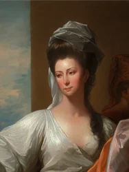 El sirviente de Isaac atando el brazalete en el brazo de Rebeca