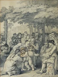 Los indios entregando a los cautivos ingleses al Coronel Bouquet cerca de su campamento en los bifurcaciones de Muskingum, América del Norte en noviembre de 1764