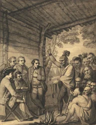 Los Indios Dando una Charla al Coronel Bouquet en una conferencia en un Fuego de Consejo Cerca de su Campamento en las Orillas de Muskingum en América, en Octubre de 1764, 1765
