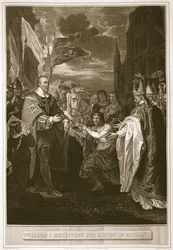 Guillermo I recibiendo la corona de Inglaterra, grabado por George Noble, ilustración de 