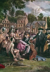 William Penn, colono cuáquero inglés, tratando con nativos norteamericanos