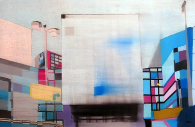 Downtown L.A. through car window, 2003 (óleo sobre 2 lienzos yuxtapuestos)