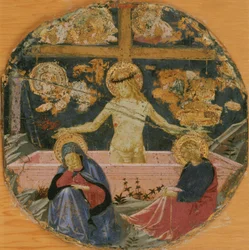 Atribuido a Benozzo Gozzoli - El Varón de Dolores, con la Virgen de luto, San Juan Evangelista y símbolos de la Pasión, c. 1447