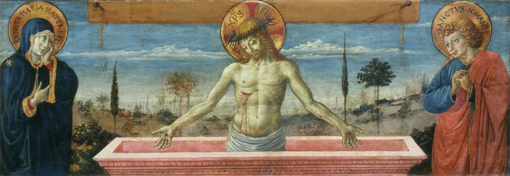 Gozzoli - Cristo Varón de Dolores entre la Virgen María y San Juan Evangelista, c. 1450