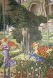 Ángel recogiendo flores en un paisaje celestial, detalle del ciclo del Viaje de los Magos en la capilla, c.1460 (detalle)