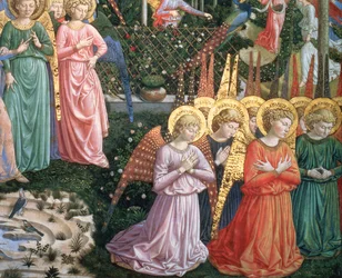 Ángeles en un paisaje celestial, la pared izquierda del ábside, del ciclo del Viaje de los Magos en la capilla (detalle)