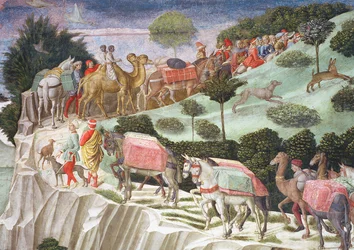 Caravana de animales de carga subiendo una colina, detalle del ciclo del Viaje de los Magos en la capilla, c.1460 (detalle)