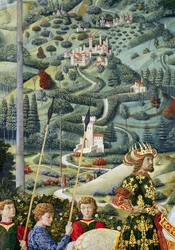 Paisaje fantástico, detalle del ciclo del Viaje de los Reyes Magos en la capilla, c.1460