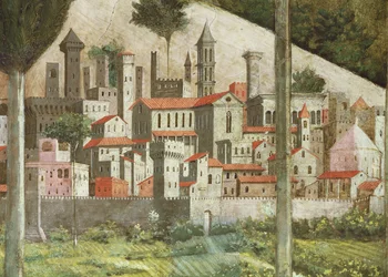 Ciudad medieval, detalle del ciclo del Viaje de los Magos en la capilla, c.1460 (detalle)