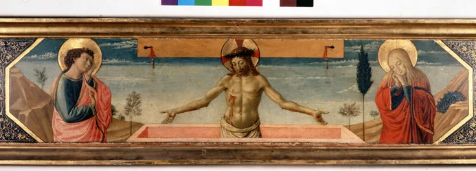 Predela con Cristo en piedad y santos. Pintura de Gozzoli Benozzo (detalle)