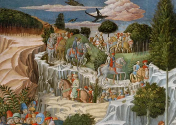 Procesión a caballo descendiendo una colina, detalle del ciclo del Viaje de los Magos en la capilla, c.1460 (detalle)