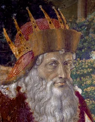 El viaje de los Reyes Magos. Cortejo de los Magos de Jerusalén a Belén llamado “Viaggio dei Magi” o “Cavalcata dei Magi” en italiano. Detalle que representa a José Patriarca de Constantinopla entre 1261 y 1276. Fresco de la Capilla de los Magos por Benozzo