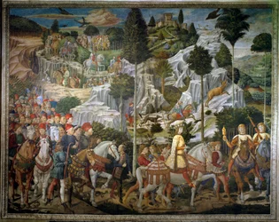 El viaje de los Reyes Magos. Cortejo de los Magos de Jerusalén a Belén llamado “Viaggio dei Magi” o “Cavalcata dei Magi” en italiano. Detalle del paisaje. Fresco de la pared este de la Capilla de los Magos de Benozzo di Lese di Sandro dit Benozzo Gozzoli (