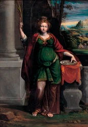 Santa Lucía de Siracusa (principios del siglo IV) sosteniendo una bandeja con dos ojos - Pintura de Benvenuto Tisi da Garofalo (Il Garofalo) (1481-1559), 63 x 44 cm