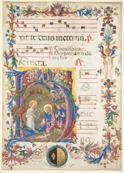 Hoja suelta de un antifonario: Inicial H[odie nobis] con La Natividad, 1471