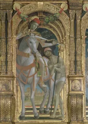 San Martín compartiendo su capa con el mendigo (detalle) de un políptico, 1485