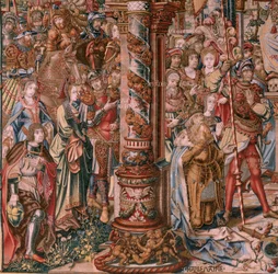 Tapiz flamenco. Serie Los Honores. Fe (La Fe). Primer tapiz de la serie. Dibujantes modelo del círculo de Bernard van Orley y Jan Gossaert (Mabuse). Fabricación Pieter van Aelst, Bruselas. Ca 1550. Tejido Oro, plata, seda y lana.