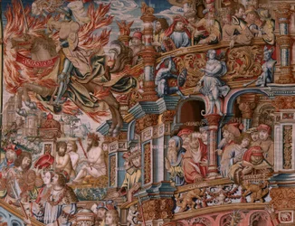 Tapiz flamenco. Serie Los Honores. Fama (La Fama). Tercer tapiz de la serie. Dibujantes modelo del círculo de Bernard van Orley y Jan Gossaert (Mabuse). Fabricación Pieter van Aelst, Bruselas. Ca 1550. Tejido Oro, plata, seda y lana.
