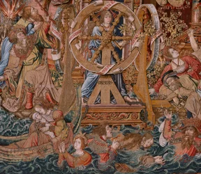 Tapiz flamenco. Serie Los Honores. Fortuna, Camino de los Honores (La Fortuna, Camino de los Honores). Quinto tapiz de la serie. Dibujantes modelo del círculo de Bernard van Orley y Jan Gossaert de Mabuse. Manufactura Pieter van Aelst, Brusse