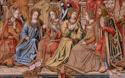 Tapiz flamenco. Serie Los Honores. Honor (El Honor). Segundo tapiz de la serie. Dibujantes modelo del círculo de Bernard van Orley y Jan Gossaert (Mabuse). Fabricación Pieter van Aelst, Bruselas. Ca 1550. Tejido Oro, plata, seda y lana.