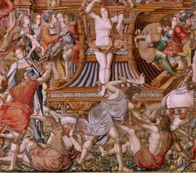 Tapiz flamenco. Serie Los Honores. Infamia (La Infamia). Sexto tapiz de la serie. Dibujantes modelo del círculo de Bernard van Orley y Jan Gossaert (Mabuse). Fabricación Pieter van Aelst, Bruselas. Ca 1550. Tejido Oro, plata, seda y lana.