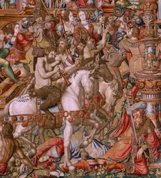 Tapiz flamenco. Serie Los Honores. Infamia (La Infamia). Sexto tapiz de la serie. Dibujantes modelo del círculo de Bernard van Orley y Jan Gossaert (Mabuse). Fabricación Pieter van Aelst, Bruselas. Ca 1550. Tejido Oro, plata, seda y lana.