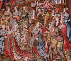 Tapiz flamenco. Serie Los Honores. Justicia (La Justicia, Los Honores). Noveno tapiz de la serie. Dibujantes modelo del círculo de Bernard van Orley y Jan Gossaert (Mabuse). Fabricación Pieter van Aelst, Bruselas. Ca 1550. Tela Oro, plata,