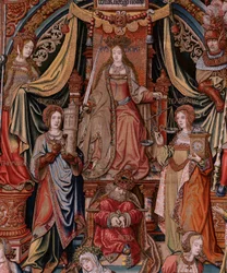 Tapiz flamenco. Serie Los Honores. Justicia (La Justicia, Los Honores). Noveno tapiz de la serie. Dibujantes modelo del círculo de Bernard van Orley y Jan Gossaert (Mabuse). Fabricación Pieter van Aelst, Bruselas. Ca 1550. Tela Oro, plata,