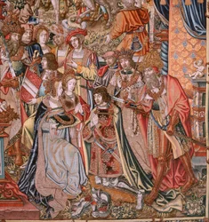 Tapiz flamenco. Serie Los Honores; Nobleza (La Nobleza). Cuarto tapiz de la serie. Dibujantes modelo del círculo de Bernard van Orley y Jan Gossaert (Mabuse). Fabricación Pieter van Aelst, Bruselas. Ca 1550. Tela Oro, plata, seda y woo