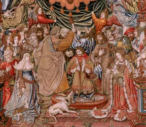 Tapiz flamenco. Serie Los Honores; Nobleza (La Nobleza). Cuarto tapiz de la serie. Dibujantes modelo del círculo de Bernard van Orley y Jan Gossaert (Mabuse). Manufactura Pieter van Aelst, Bruselas.Ca 1550. Tejido Oro, plata, seda y lana