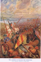 Desembarco de Guillermo el Conquistador (litografía en color)