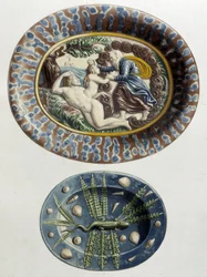 Dios crea a Eva del muslo de Adán; Lagarto - Platos de cerámica, en "The work of Bernard Palissy" de C. Delange y C. Borneman, París
