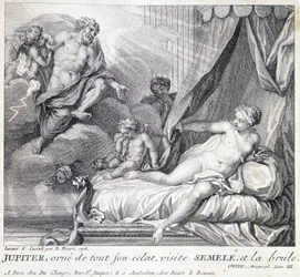 Júpiter (Zeus) quema a Semele con su rayo. Grabado del siglo XVIII según el dibujo de B. Picart realizado en 1708.