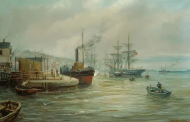 Un barco de vapor de paletas y otras embarcaciones