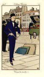 Hombre con traje, bombín y bastón caminando junto a bouquinistes en el Sena. Tenue du matin. Aguafuerte pochoir (estarcido) coloreado a mano según una ilustración de Bernard Boutet de Monvel del Journal des Dames et des Modes, Aux Bureaux du Journa