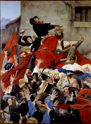 La apoteosis del canalla o el triunfo de Robert Macaire Robert Macaire es una figura imaginaria que simboliza al bandido y al hombre de negocios sin escrúpulos. Es un representante de la corona y aclamado por la multitud. Pintura de Maurice Boutet de Monve