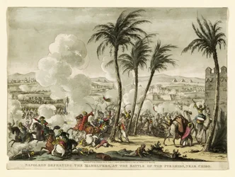 Napoleón derrotando a los mamelucos en la batalla de las pirámides, cerca de El Cairo, grabado por George Cruikshank, 1823