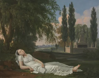 mujer durmiendo en un paisaje con una carta