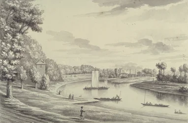 Vista oeste del ferry de Hampton Court y la iglesia de Hampton a lo lejos