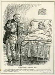 El Dr. Lloyd George propone curar a los enfermos de la epidemia de desempleo con cuatro bolsas de agua caliente: "Tasa de Seguro", "Obras de Socorro", "Préstamos" y "Créditos a la Exportación".