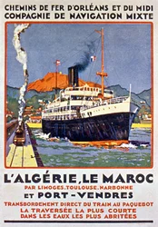 Cartel publicitario del ferrocarril francés que va a Argelia y Marruecos desde Francia vía Limoges Toulouse Narbona y Port Vendres c. 1900