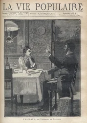 Una mujer escucha con amor y admiración el discurso del hombre sentado frente a ella en una cena en pareja. Ilustración de B. Borione de “El esclavo” por Théodore de Banville (1823-1891). Grabado de 1891 en “La vie populaire”
