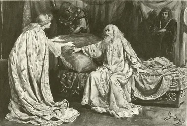 La señorita Ellen Terry como Cordelia, el señor Henry Irving como el Rey Lear