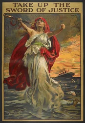Cartel de propaganda que muestra a personas que se ahogan tras ser atacado su barco. Una figura femenina sostiene una espada.