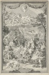 Portada alegórica con varias escenas de las metamorfosis de Ovidio y su retrato.