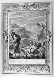 Deucalión sobrevive al diluvio con su esposa, Pirra (grabado)
